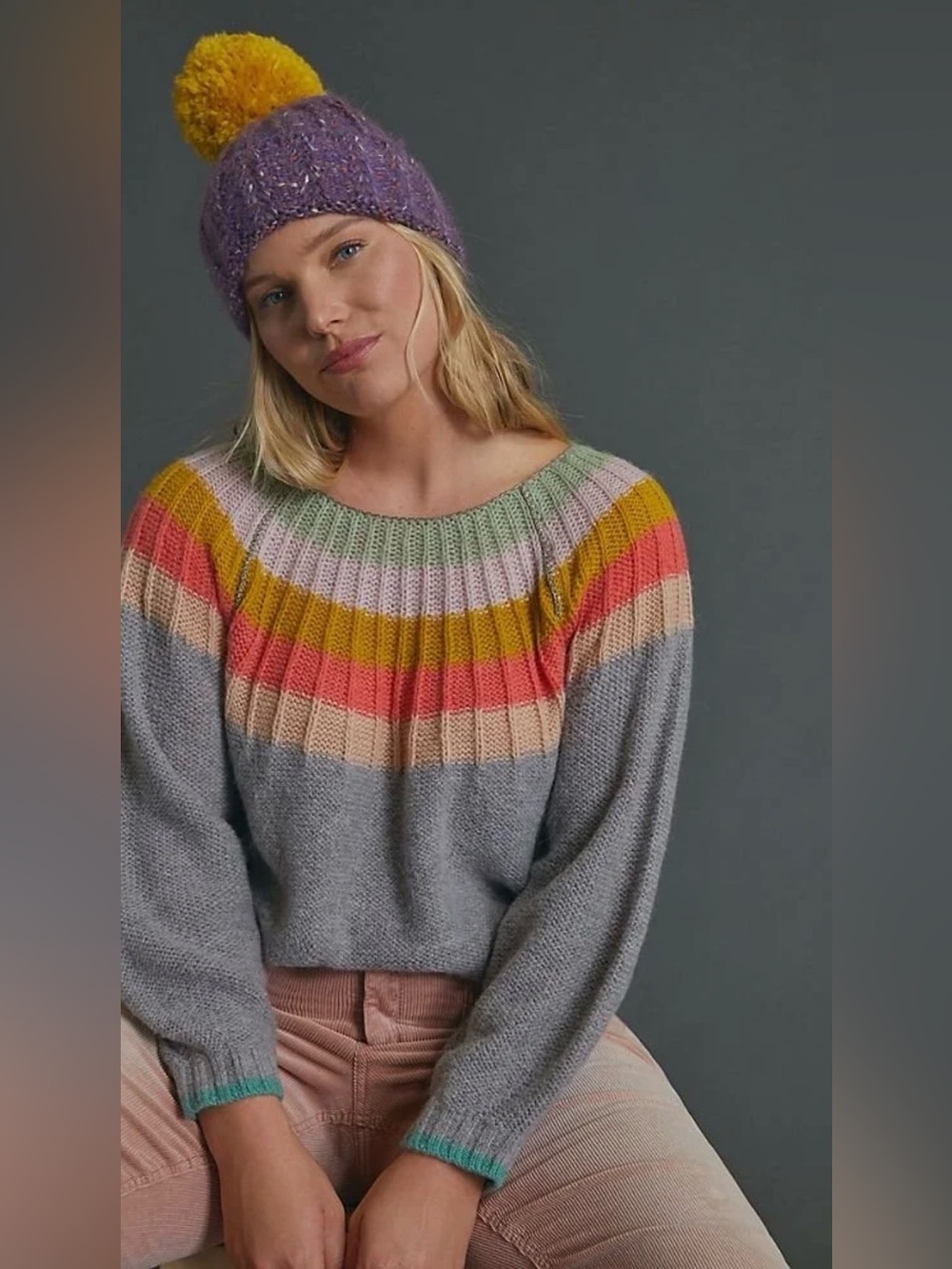 Anthropologie Gray Crewneck Sweater with Pink, Yellow & Green Yoke